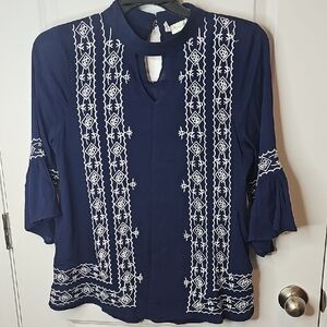 Available By Angela Fashion Navy Women's Blouse with White Embroidery SizeL NWOT